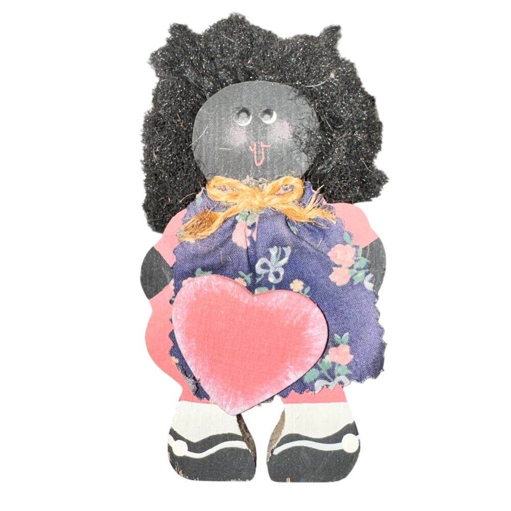 Vtg African American Wood Figurine Blue Floral Dress Heart Detail Painted